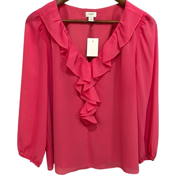 J Crew Womens Long Sleeve V-Neck Ruffle Blouse Size Small Pink Lightweight - Picture 1 of 12